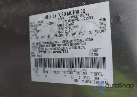 2008 Ford Ranger Xl/Xlt z USA, uszkodzony, nr VIN 1FTYR10D58PA67553